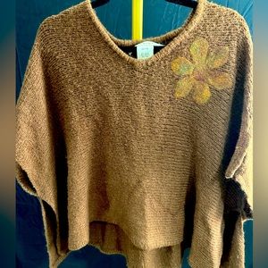 Max Studio Sweater Cape Shrug Wrap Brown Wool Flower Accent One Size Poncho